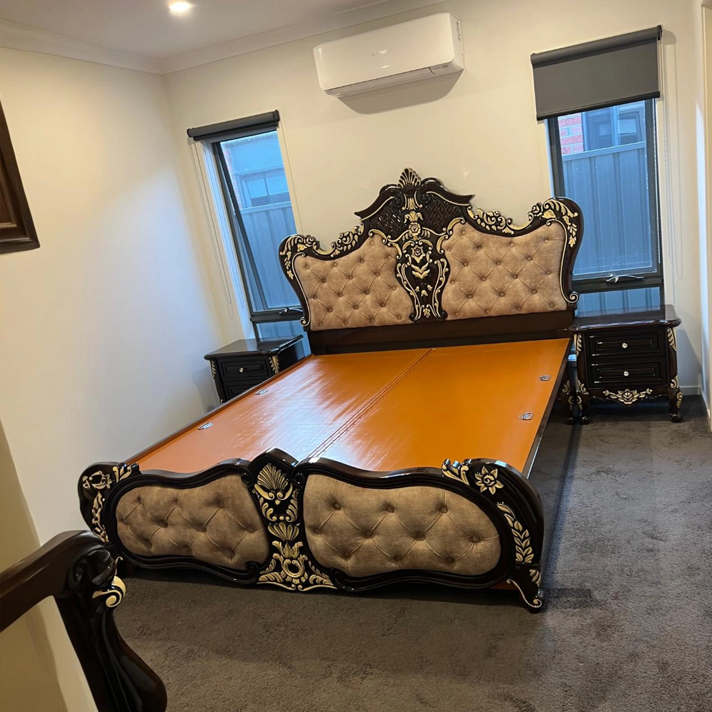 Royal Carved Bed with Velvet Upholstery & Antique Gold Detailing